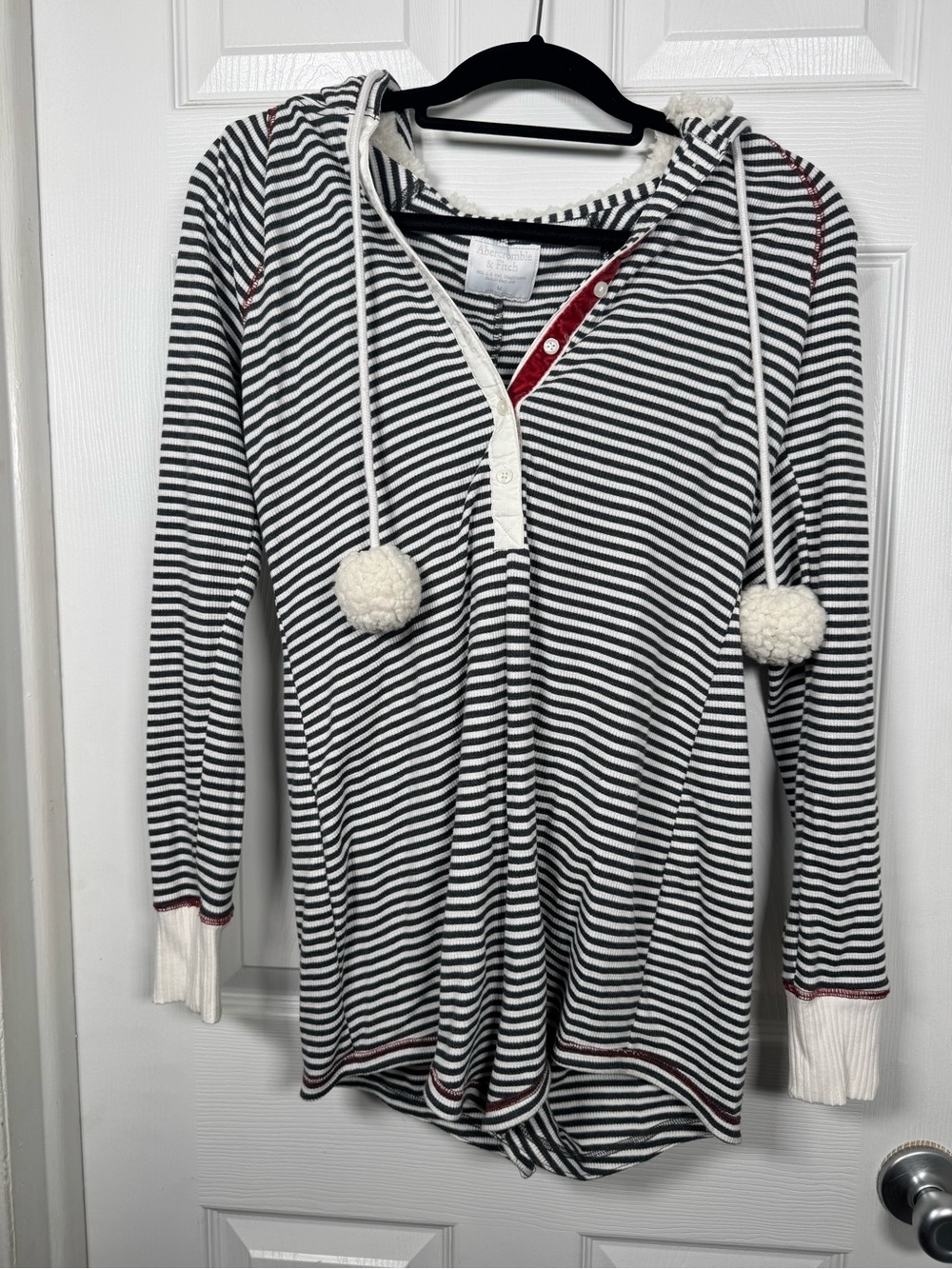 Abercrombie & Fitch Gray and White Striped Sherpa Hooded Henley with Pom Poms